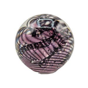 Handcrafted Blown Glass Paperweight Purple Black Swirl Round Artist Signed